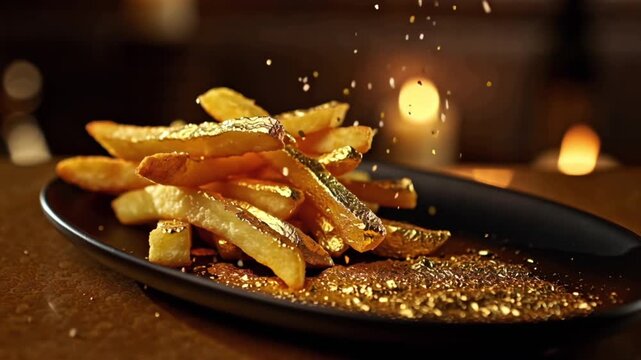 4K cinematic French fries plated luxury gourmet dish, coated 24K gold leaf ambient light reflecting off gold surface, shallow depth of field, slow-motion sprinkle golden glitter, black velvet plate