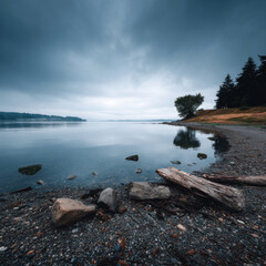 Lake shoreline driftwood rock water sky reflection coast tranquil scene with calm water under moody cloud