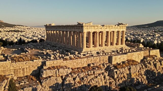 Ancient greek parthenon-style temple atop rocky hill overlooking athens skyline at sunset