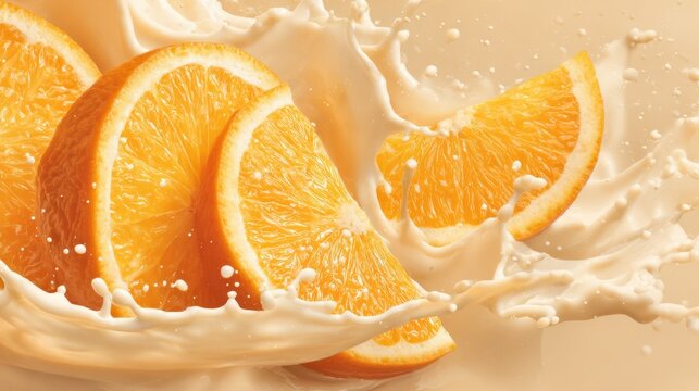 Orange slices are visibly splashing into a pool of milk, creating an enticing mix of citrus and cream. This vibrant scene captures the essence of a refreshing drink.