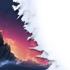 Abstract seascape ocean wave sunset cliff paper edge colorful dramatic background with bright water splash and wide copy space