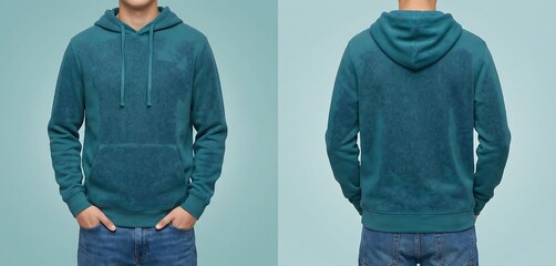 Young man wearing a teal green soft cotton hoodie with front pocket and drawstring standing casually against light background