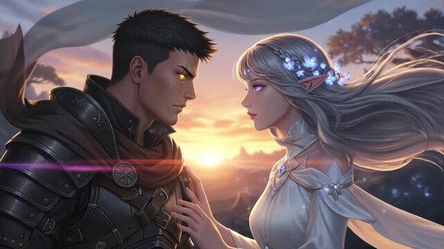 Fantasy warrior and elf sharing a tender moment at sunset