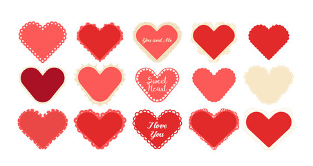Romantic hearts frames with laces, empty copy space and love text isolated set on white background