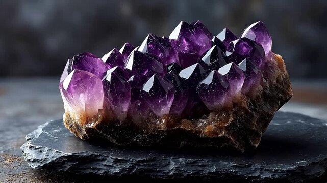 Raw purple amethyst crystal cluster sits on a dark textured slate surface with dramatic side lighting highlighting the facets and minerals.
