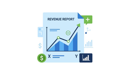 Growth Revenue Report Document with Upward Trending Line Graph and Financial Data Illustration