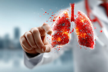 Medical conceptual image:a close-up of human lungs with glowing red particles inside,symbolizing disease.A blurred doctor in a white coat points at the organ,illustrating the impact of harmful habits