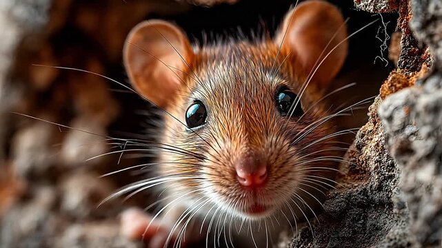 Gritty urban rat looks out from a hole in a damaged wall with debris and chewed materials, featuring realistic texture and sharp focus face.
