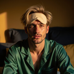 Comfortable man wearing sleep mask, relaxing in cozy bedroom with warm lighting. Expression reflects calmness and tranquility