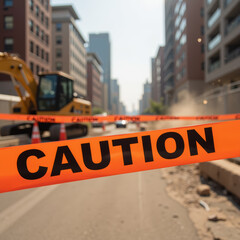Caution tape marks construction site urban area, signaling potential hazards. Heavy machinery is visible background, emphasizing ongoing work