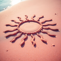 Beautiful sandy sun design on pink beach, capturing essence of summer and relaxation. intricate details of sun shape create serene atmosphere