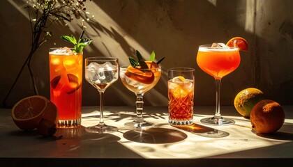 Assortment of refreshing cocktails with citrus fruits and ice cubes.