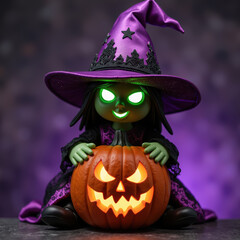 Whimsical witch doll with glowing green eyes sits beside carved pumpkin, exuding playful Halloween spirit
