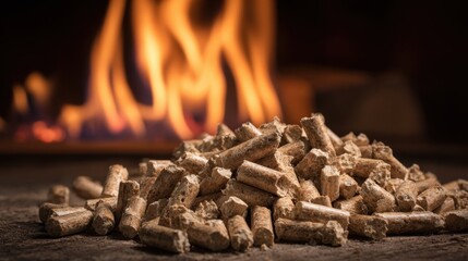 A pile of wood pellets is placed near a glowing fireplace. The flames flicker warmly, creating a cozy atmosphere perfect for chilly nights spent indoors with family or friends.