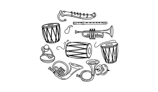 Outline Indian wedding baja music instrument icons in traditional Hindu ceremony style