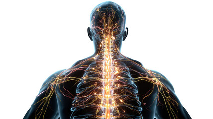 Human nervous system anatomy with glowing spinal cord neural pathways detailed medical science illustration isolated on white background