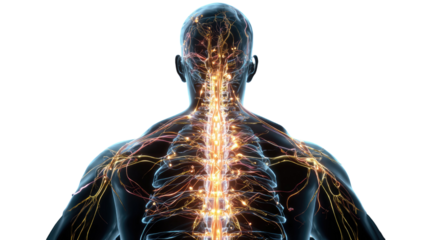 Human nervous system anatomy with glowing spinal cord neural pathways detailed medical science illustration isolated on white background