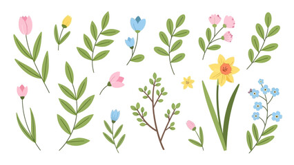 Watercolor Illustration of Various Flowers and Leaves.