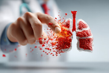 Medical conceptual image:a close-up of human lungs with glowing red particles inside,symbolizing disease.A blurred doctor in a white coat points at the organ,illustrating the impact of harmful habits