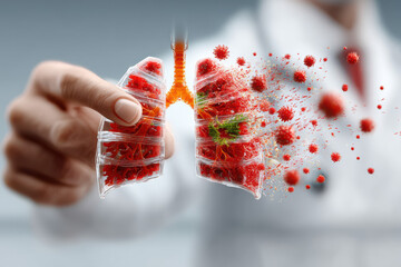 Medical conceptual image:a close-up of human lungs with glowing red particles inside,symbolizing disease.A blurred doctor in a white coat points at the organ,illustrating the impact of harmful habits