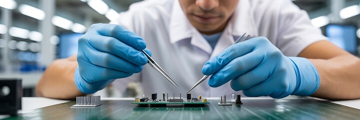 A person in a lab coat and blue gloves working on a circuit board with tweezers