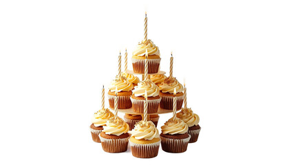 A pyramid of cupcakes with yellow frosting and lit candles on transparent background