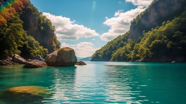 Serene turquoise lake nestled between lush green mountains on a sunny day with fluffy white clouds - Powered by Adobe