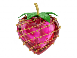 A pink gemstone strawberry pendant with green leaves and gold accents isolated on transparent background