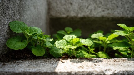 Green mint plants flourish in a concrete garden bed, soaking in the sunlight on a warm afternoon. The vibrant leaves show new growth, promising fresh flavors.