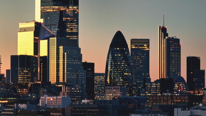 Aerial panorama of London skyscrapers buildings, blending historical and contemporary architecture....