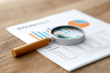 A magnifying glass rests on a printed report featuring graphs and data, emphasizing analysis and detail on a wooden surface.