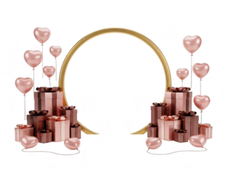 A festive arrangement of pink gifts and heartshaped balloons on a transparent background with a gold arch