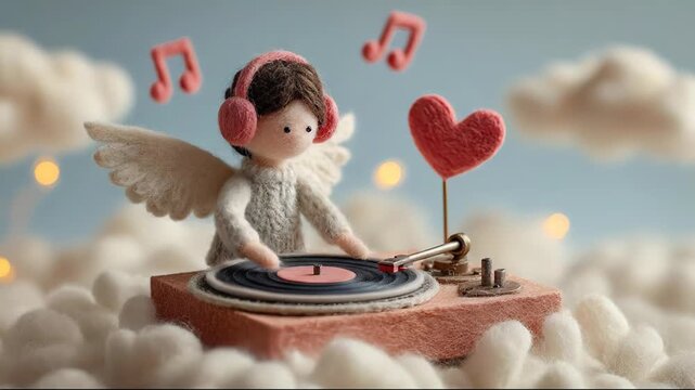 Cute felt angel cupid DJ playing music on a turntable with heart and musical notes in a cloudy sky for Valentine&rsquo;s Day