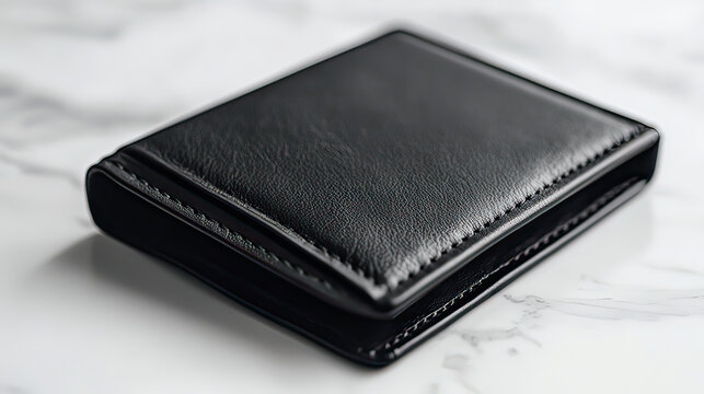 Elegant black leather wallet on marble surface
