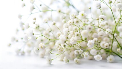 Obraz premium Small white gypsophila flowers isolated on white background with soft focus effect