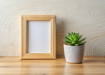 Minimalist frame surrounding lush green succulent plant on a wooden table with natural light