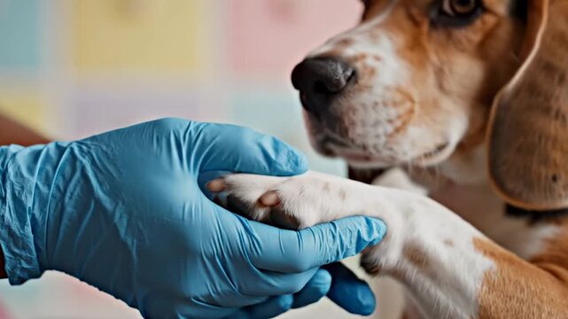Close-up of a Vet's Gloved Hand Gently Holding a Beagle's Paw, veterinary compassion concept