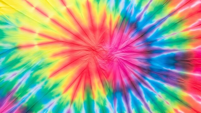 Multi colored rainbow tie dye starburst pattern. Joyful summer festival and psychedelic art background. Swirling rays of red yellow blue and pink meeting in a central crumpled fabric.