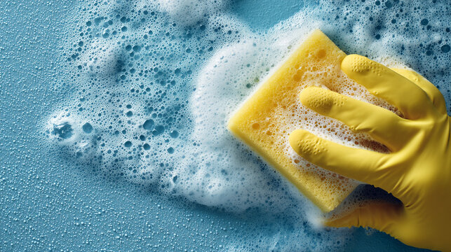 Overhead View of Cleaning Service Worker Scrubbing with Soapy Sponge - Powered by Adobe