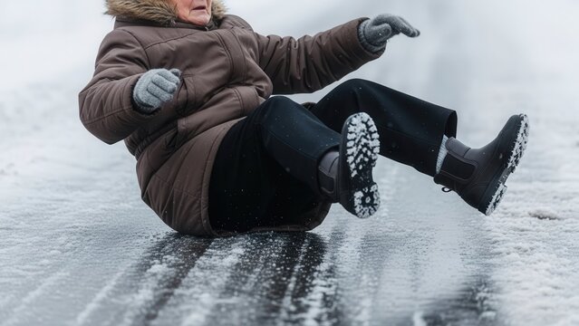 An old woman fell on a slippery road in winter.