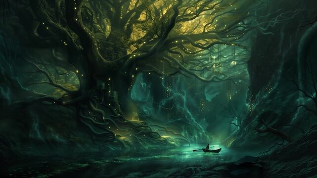 Ancient dark forest with twisted trees and magic light