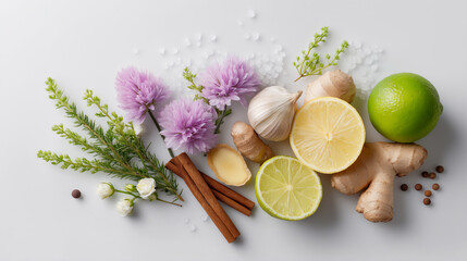 Natural perfume ingredients flat lay, fresh flowers, herbs.