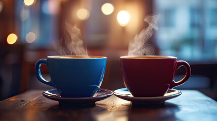 Two steaming coffee cups on wooden table