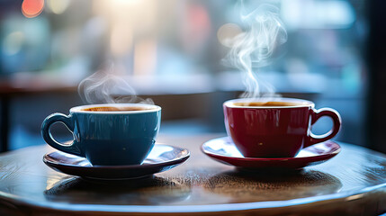 Two steaming cups of coffee on wooden table