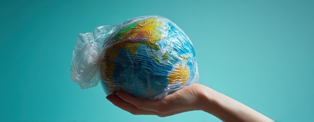 The Earth Wrapped in Plastic Bag Symbolizing Pollution, Climate Crisis, and Plastic Waste