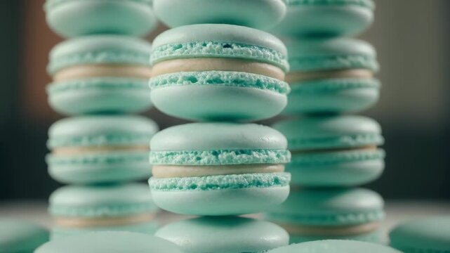 Stack of Pastel Blue Macarons on White Surface with Cream Filling