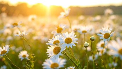 Close-up of daisies in a sunlit field, with golden light in the background. Selective focus creates depth of field © miracle