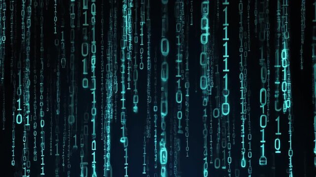 &ldquo;Digital rain streams glowing greenish-blue binary code cascading dark background cyber programming virtual reality&rdquo;