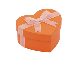 Orange heart shaped gift box with pink ribbon isolated on transparent background for valentines day
