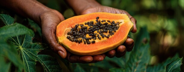 The papaya held in hands showcasing ripe tropical fruit with seeds and vibrant orange flesh